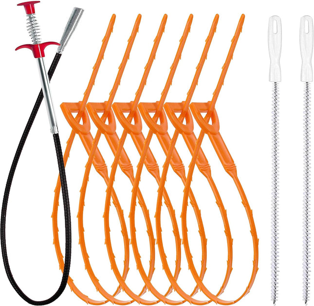 35.5-inch Drain Clog Remover (1 piece) 25-inch Snake Hair Remover (6 pieces) & Cleaning Brush