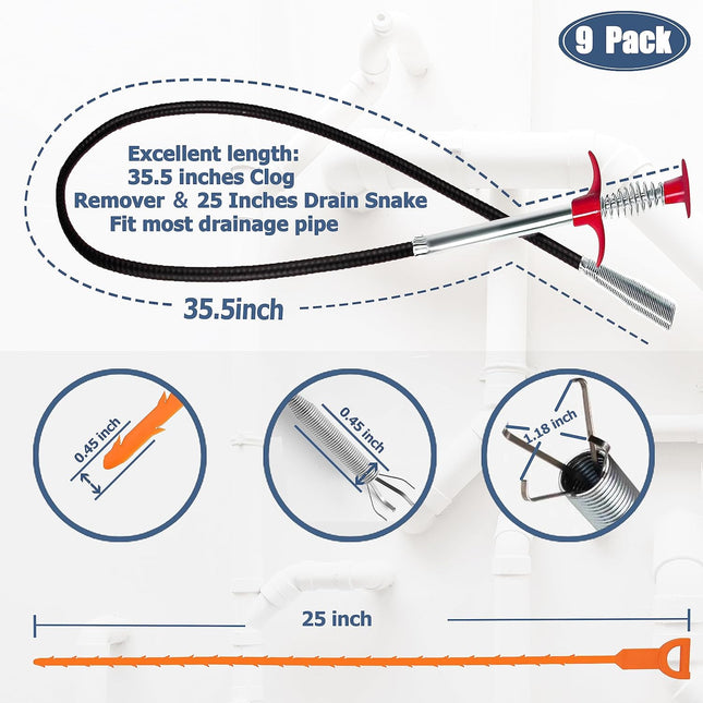 35.5-inch Drain Clog Remover (1 piece) 25-inch Snake Hair Remover (6 pieces) & Cleaning Brush – product detail