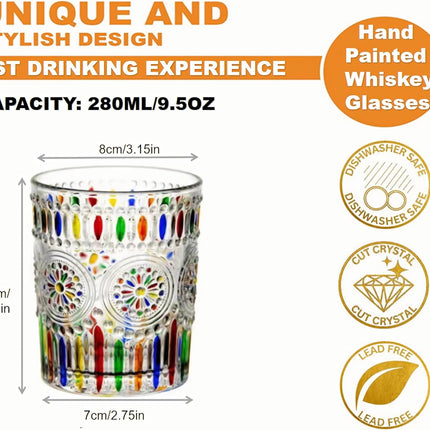 Petluno Hand Painted Stained Glass Whiskey Tumblers, Lead-Free Crystal Colorful Wine Glasses Old Fashioned for Drinking Bourbon, Scotch Whisky, Cocktails, Cognac - Father's Day Gift (Rainbow)