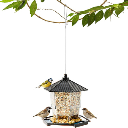 Bird Feeder Houses | Hanging and Refillable Feeding Station Squirrel-Proof Window Bird Feeder Including Landing Perch for Outdoor Garden Birds Wildlife Black