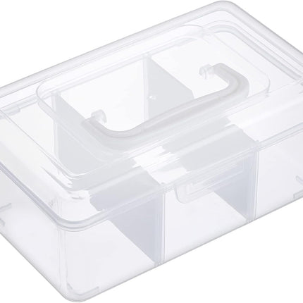Petluno Clear Stackable Storage Box with Divider Tray, Plastic 3-Compartment Multi-functional Container for Nail Polish, Toys, Crafts, Stationery, Sewing, Fishing Gear Transparent Small