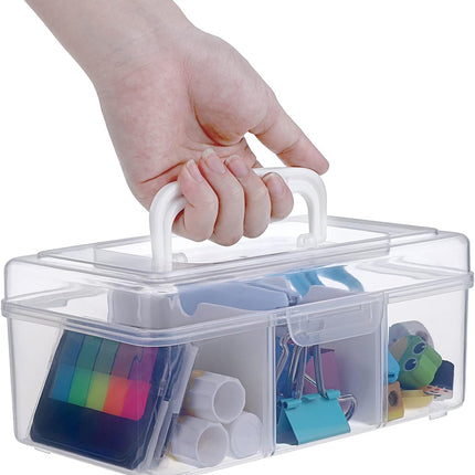 Petluno Clear Stackable Storage Box with Divider Tray, Plastic 3-Compartment Multi-functional Container for Nail Polish, Toys, Crafts, Stationery, Sewing, Fishing Gear Transparent Small