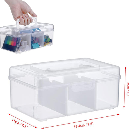 Petluno Clear Stackable Storage Box with Divider Tray, Plastic 3-Compartment Multi-functional Container for Nail Polish, Toys, Crafts, Stationery, Sewing, Fishing Gear Transparent Small