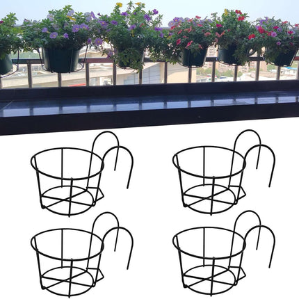 4-pack round hanging railing planters, flower pot holders, metal pot plant baskets, shelf containers for indoor and outdoor use (Black)