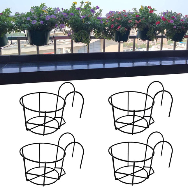 4-pack round hanging railing planters flower pot holders metal pot plant baskets shelf containers for