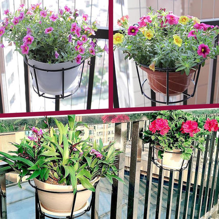 4-pack round hanging railing planters, flower pot holders, metal pot plant baskets, shelf containers for indoor and outdoor use (Black)