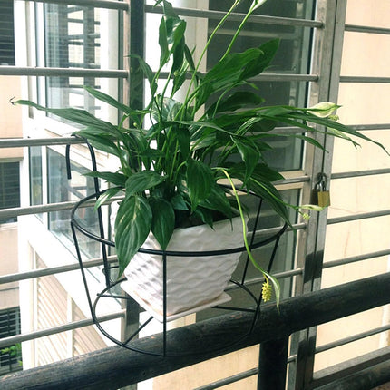 4-pack round hanging railing planters, flower pot holders, metal pot plant baskets, shelf containers for indoor and outdoor use (Black)