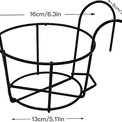 4-pack round hanging railing planters, flower pot holders, metal pot plant baskets, shelf containers for indoor and outdoor use (Black)