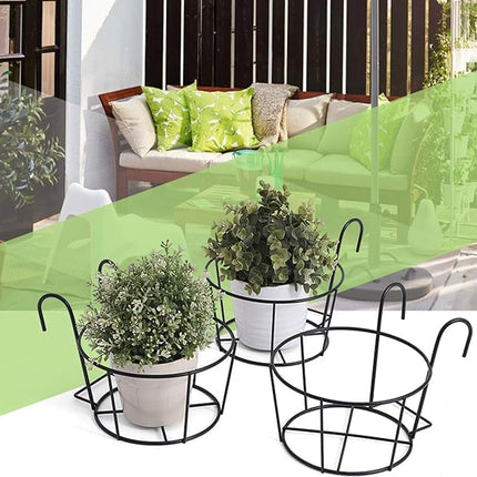 4-pack round hanging railing planters, flower pot holders, metal pot plant baskets, shelf containers for indoor and outdoor use (Black)