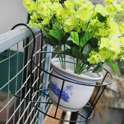 4-pack round hanging railing planters, flower pot holders, metal pot plant baskets, shelf containers for indoor and outdoor use (Black)