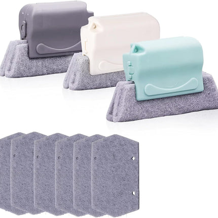 Cleaning brush with slot, 3 cleaning brushes and 6 replacement pads, kitchen cleaning set, for cleaning all corners windows doors, grey, green, cream-coloured