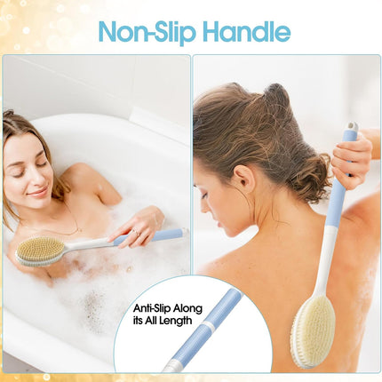 Back Scrubber Anti Slip for Shower with Detachable Brush Head,19" Shower Brush with Soft and Stiff Bristles,Long Handle Exfoliating Body Scrubber for Bath or Dry Brush.