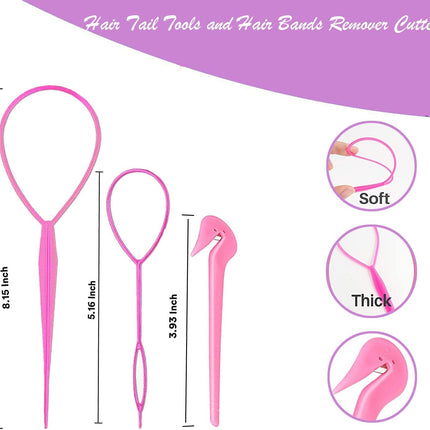 Hair Loop Styling Tool Set with 1000 Pcs Clear Mini Elastic Hair Bands 1 Pcs Rat Tail Combs for Braiding Styling 2 Pcs Hair Pull Through Tool 1 Pcs Hair Band Cutter - Pink