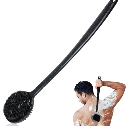 Silicone Back Scrubber for Shower, 17in Lengthen Long Handle Body Brush, Double Sided Shower Brush for Shower Exfoliating and Massage Can Produce Rich Foam, Long Handle Back Scrubber for Men and Women (Carbon black)