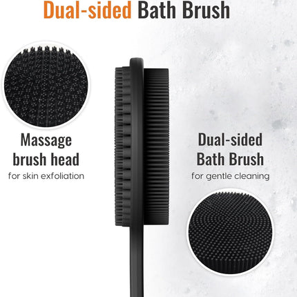 Silicone Back Scrubber for Shower, 17in Lengthen Long Handle Body Brush, Double Sided Shower Brush for Shower Exfoliating and Massage Can Produce Rich Foam, Long Handle Back Scrubber for Men and Women (Carbon black)