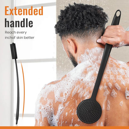 Silicone Back Scrubber for Shower, 17in Lengthen Long Handle Body Brush, Double Sided Shower Brush for Shower Exfoliating and Massage Can Produce Rich Foam, Long Handle Back Scrubber for Men and Women (Carbon black)