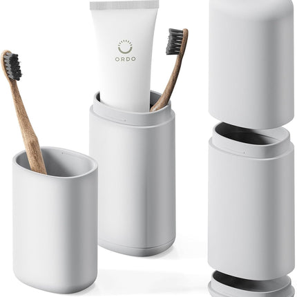 Travel Toothbrush Case, Portable Tooth Brush Holder and Toothpaste Cover Container with Mouthwash Cup, Compact Oral Clean Tools Organizer for Traveling/Camping/School/Home (Grey)