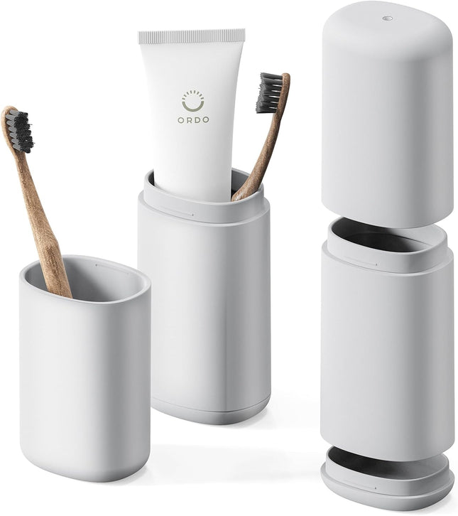 Travel Toothbrush Case Portable Tooth Brush Holder and Toothpaste Cover Container with Mouthwash Cup in Grey