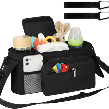 Universal Stroller Organizer with Insulated Cup Holder Detachable Phone Bag and Shoulder Strap,Stroller Bag Caddy Organizer Accessories Fits for Uppababy, Baby Jogger, Britax Strollers