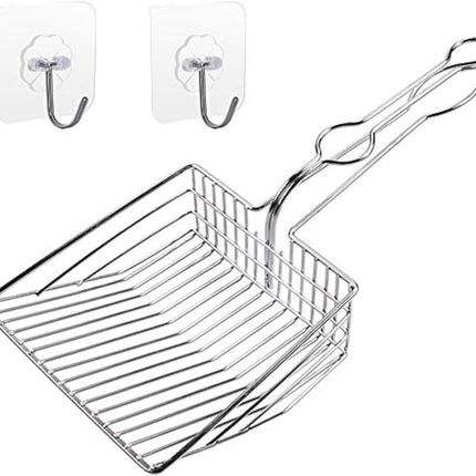 Metal Cat Litter Scoop, Fast and Clean Clumping Kitty Litter Scooper with Holder, Flat Ledging Edge, Large Solid and Comfy! All Metal Fun Maker, Say No to Dirty and Loose Handle,1+2pcs