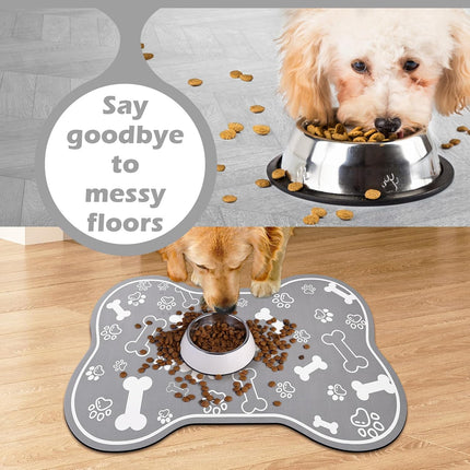 Dog Cat Food Mat,Rapid AbsorbentPet Feeding Mat, Bone Shaped Dog Placemat Water Bowl Mat with Rubber Backing,No Stains Dog Cat Food Mats Indoor, Pet Accessories Supplies 12"x18" Grey
