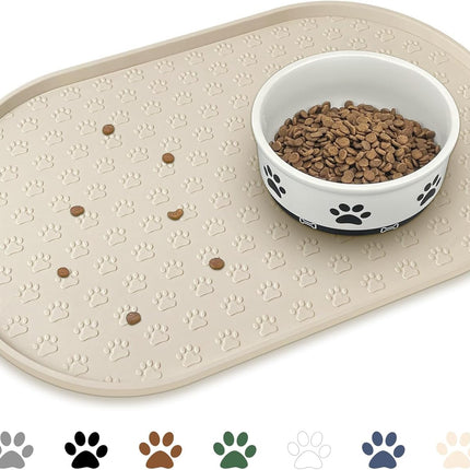 Pet Feeding Mat for Dogs and Cats, Silicone Dog Placemat Non-Slip Waterproof Bowl Mats Prevent Food and Water Overflow, High-Lips Puppy Dish Tray Mat Suitable for Large Medium Small Pets, Beige