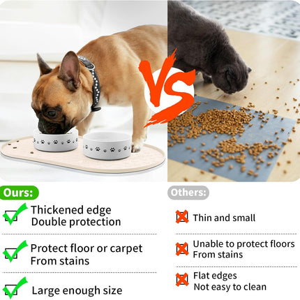 Pet Feeding Mat for Dogs and Cats, Silicone Dog Placemat Non-Slip Waterproof Bowl Mats Prevent Food and Water Overflow, High-Lips Puppy Dish Tray Mat Suitable for Large Medium Small Pets, Beige
