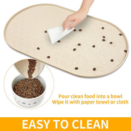 Pet Feeding Mat for Dogs and Cats, Silicone Dog Placemat Non-Slip Waterproof Bowl Mats Prevent Food and Water Overflow, High-Lips Puppy Dish Tray Mat Suitable for Large Medium Small Pets, Beige