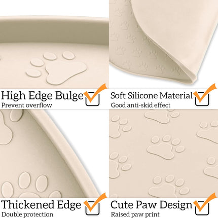 Pet Feeding Mat for Dogs and Cats, Silicone Dog Placemat Non-Slip Waterproof Bowl Mats Prevent Food and Water Overflow, High-Lips Puppy Dish Tray Mat Suitable for Large Medium Small Pets, Beige