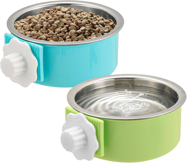 2 Pieces Crate Dog Bowl Removable Stainless Steel Pet Kennel Hanging Food Water Feeder Bowl Cage Coop Cup