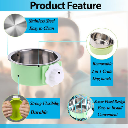 2 Pieces Crate Dog Bowl, Removable Stainless Steel Pet Kennel Hanging Food Water Feeder Bowl Cage Coop Cup for Puppy Medium Dog Cat Rabbit Ferret Bird