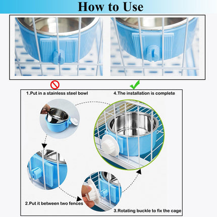 2 Pieces Crate Dog Bowl, Removable Stainless Steel Pet Kennel Hanging Food Water Feeder Bowl Cage Coop Cup for Puppy Medium Dog Cat Rabbit Ferret Bird