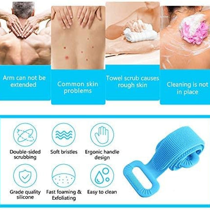 Silicone Back Scrubber for Shower with Handles, 35.5 Inches/90 Cm Exfoliating Double-Sided Back Washcloth Bath Tool for Use in Shower, Massage Body Washer with Handle for Men and Women Black