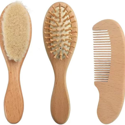 Baby Hair Brush and Comb Set for Newborn| Natural Wooden Hairbrush with Soft Goat Bristles, Pear Wood Comb and Wooden Massage Brush for Infant, Toddler, Kids