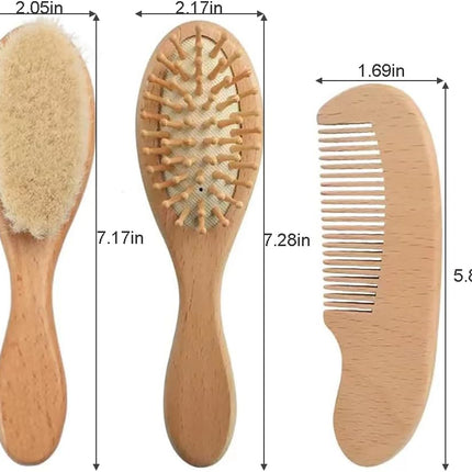 Baby Hair Brush and Comb Set for Newborn| Natural Wooden Hairbrush with Soft Goat Bristles, Pear Wood Comb and Wooden Massage Brush for Infant, Toddler, Kids
