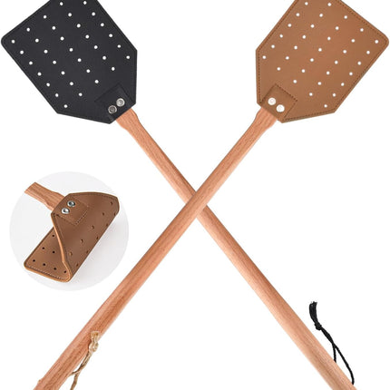 2 Pcs Leather Fly Swatter with Wood Handle, Durable Heavy Duty Fly Insects Catcher for Indoor Outdoor, Wooden Design Fly Killer Pest Control Bug Swatter Manual for Spiders, Flies, Bees, Mosquitoes