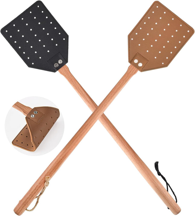 2 Pcs Leather Fly Swatter with Wood Handle Durable Heavy Duty Fly Insects Catcher for V1259-DP01-A-2150