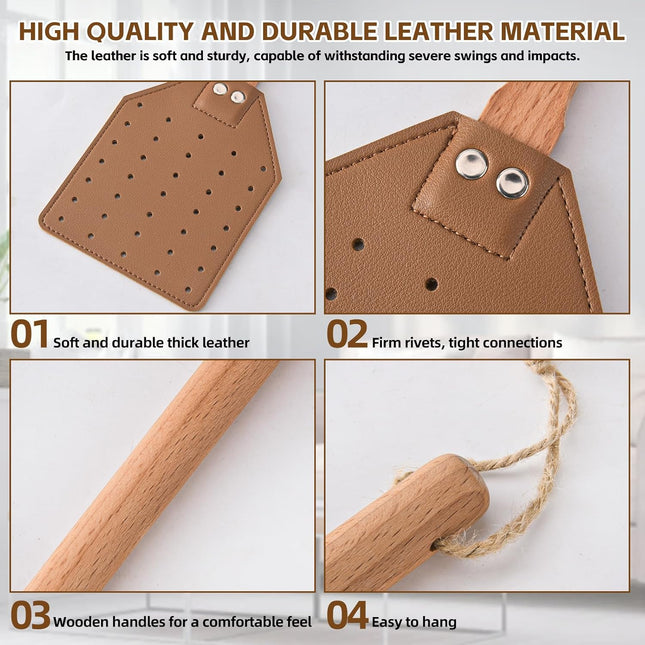 2 Pcs Leather Fly Swatter with Wood Handle Durable Heavy Duty Fly Insects Catcher for – product detail
