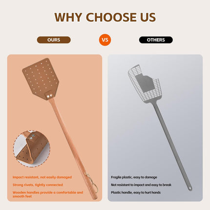 2 Pcs Leather Fly Swatter with Wood Handle, Durable Heavy Duty Fly Insects Catcher for Indoor Outdoor, Wooden Design Fly Killer Pest Control Bug Swatter Manual for Spiders, Flies, Bees, Mosquitoes