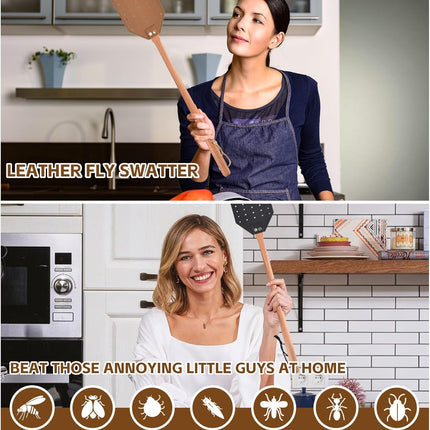 2 Pcs Leather Fly Swatter with Wood Handle, Durable Heavy Duty Fly Insects Catcher for Indoor Outdoor, Wooden Design Fly Killer Pest Control Bug Swatter Manual for Spiders, Flies, Bees, Mosquitoes
