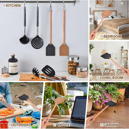 2 Pcs Leather Fly Swatter with Wood Handle, Durable Heavy Duty Fly Insects Catcher for Indoor Outdoor, Wooden Design Fly Killer Pest Control Bug Swatter Manual for Spiders, Flies, Bees, Mosquitoes