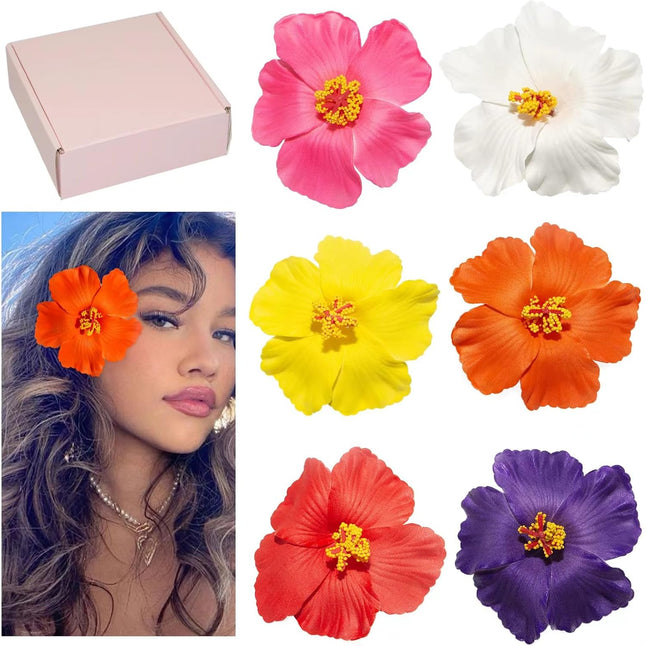 Hawaiian Flower Hair Clips for Women 6Pcs Hibiscus Hair Clips for Thick Thin Hair 3.5 Inch Artificial