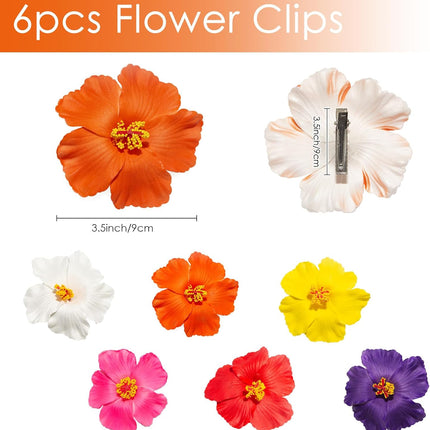 Hawaiian Flower Hair Clips for Women, 6Pcs Hibiscus Hair Clips for Thick Thin Hair, 3.5 Inch Artificial Flower Clips for Vacation Beach Party