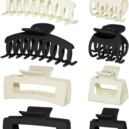 4 Style Hair Clips for Women, 8 Pcs 4.3 Inch Large Hair Claw Clips for Thick Hair and 2 Inch Claw Clips for Thin Hair, Square Double Row Teeth Strong Hold Nonslip Hair Claws (Black+beige)