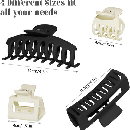 4 Style Hair Clips for Women, 8 Pcs 4.3 Inch Large Hair Claw Clips for Thick Hair and 2 Inch Claw Clips for Thin Hair, Square Double Row Teeth Strong Hold Nonslip Hair Claws (Black+beige)