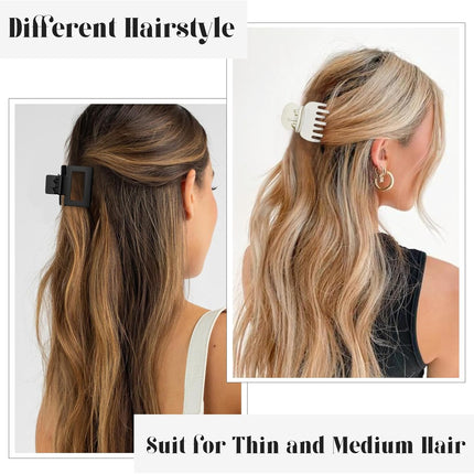 4 Style Hair Clips for Women, 8 Pcs 4.3 Inch Large Hair Claw Clips for Thick Hair and 2 Inch Claw Clips for Thin Hair, Square Double Row Teeth Strong Hold Nonslip Hair Claws (Black+beige)