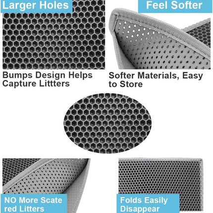 Cat Litter Mat Trapper - 76 x 61cm Honeycomb Double Layer Tapis Litiere Chat -Traps Messes, Easy Clean and Durable (Gray)