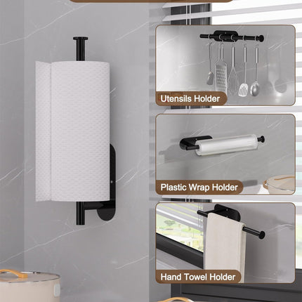 Thickened Steel Paper Towel Holders Under Cabinet for Kitchen, Bathroom, SUS304 Stainless Steel Pipe Hanging Paper Towel Rack Wall Mount, Self-Adhesive and Screws, Black