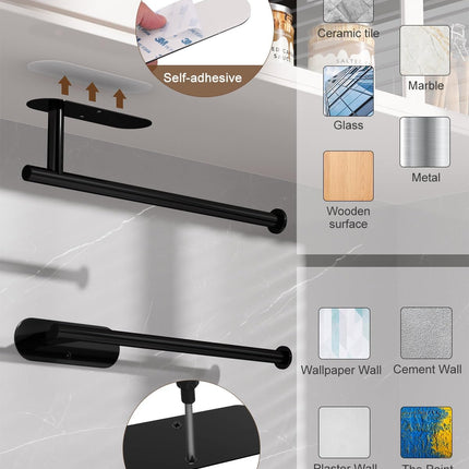 Thickened Steel Paper Towel Holders Under Cabinet for Kitchen, Bathroom, SUS304 Stainless Steel Pipe Hanging Paper Towel Rack Wall Mount, Self-Adhesive and Screws, Black