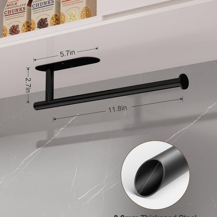 Thickened Steel Paper Towel Holders Under Cabinet for Kitchen, Bathroom, SUS304 Stainless Steel Pipe Hanging Paper Towel Rack Wall Mount, Self-Adhesive and Screws, Black